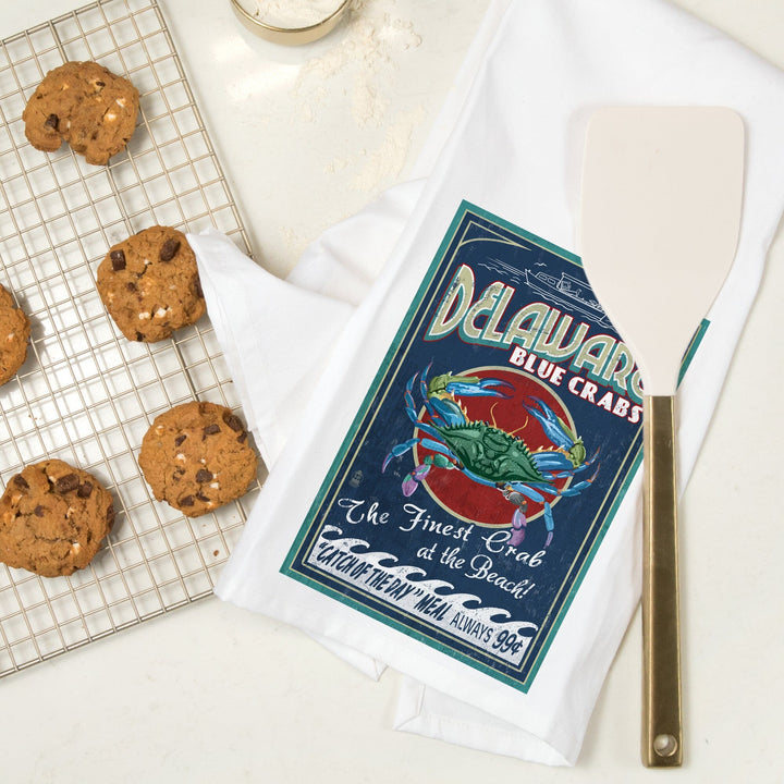Delaware Blue Crabs Vintage Sign, Best at the Beach, Organic Cotton Kitchen Tea Towels Kitchen Lantern Press 