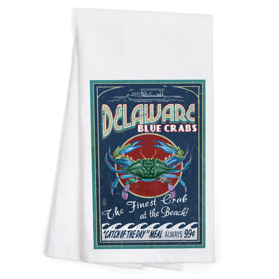 Delaware Blue Crabs Vintage Sign, Best at the Beach, Organic Cotton Kitchen Tea Towels Kitchen Lantern Press 