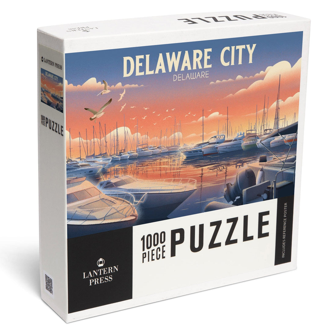 Delaware City, Delaware, Lithograph, Home Sweet Harbor, Boats in Marina, Jigsaw Puzzle Puzzle Lantern Press 