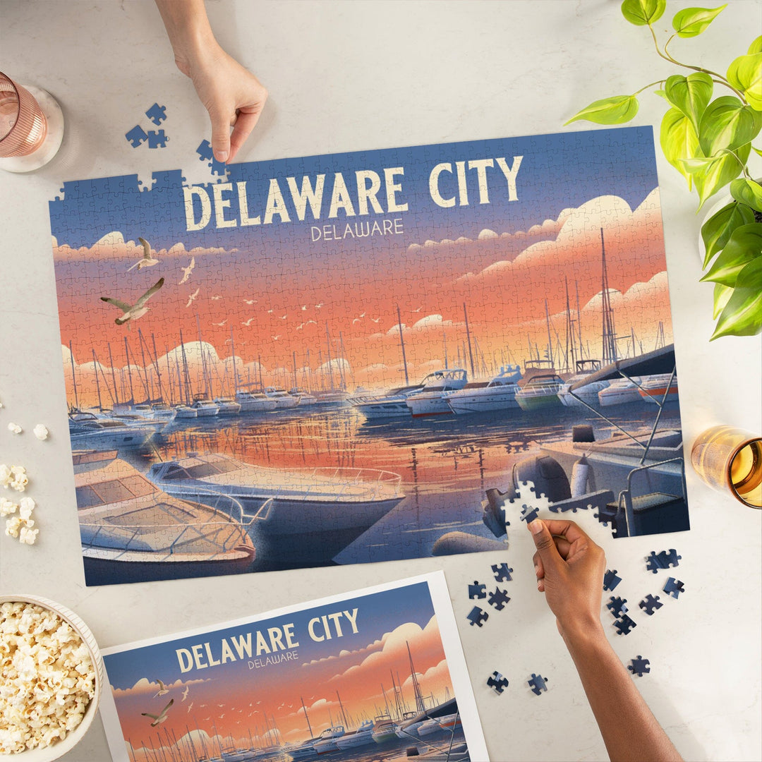 Delaware City, Delaware, Lithograph, Home Sweet Harbor, Boats in Marina, Jigsaw Puzzle Puzzle Lantern Press 
