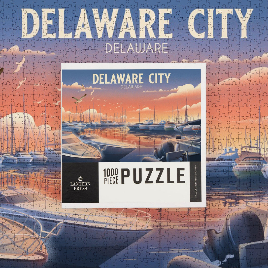 Delaware City, Delaware, Lithograph, Home Sweet Harbor, Boats in Marina, Jigsaw Puzzle Puzzle Lantern Press 