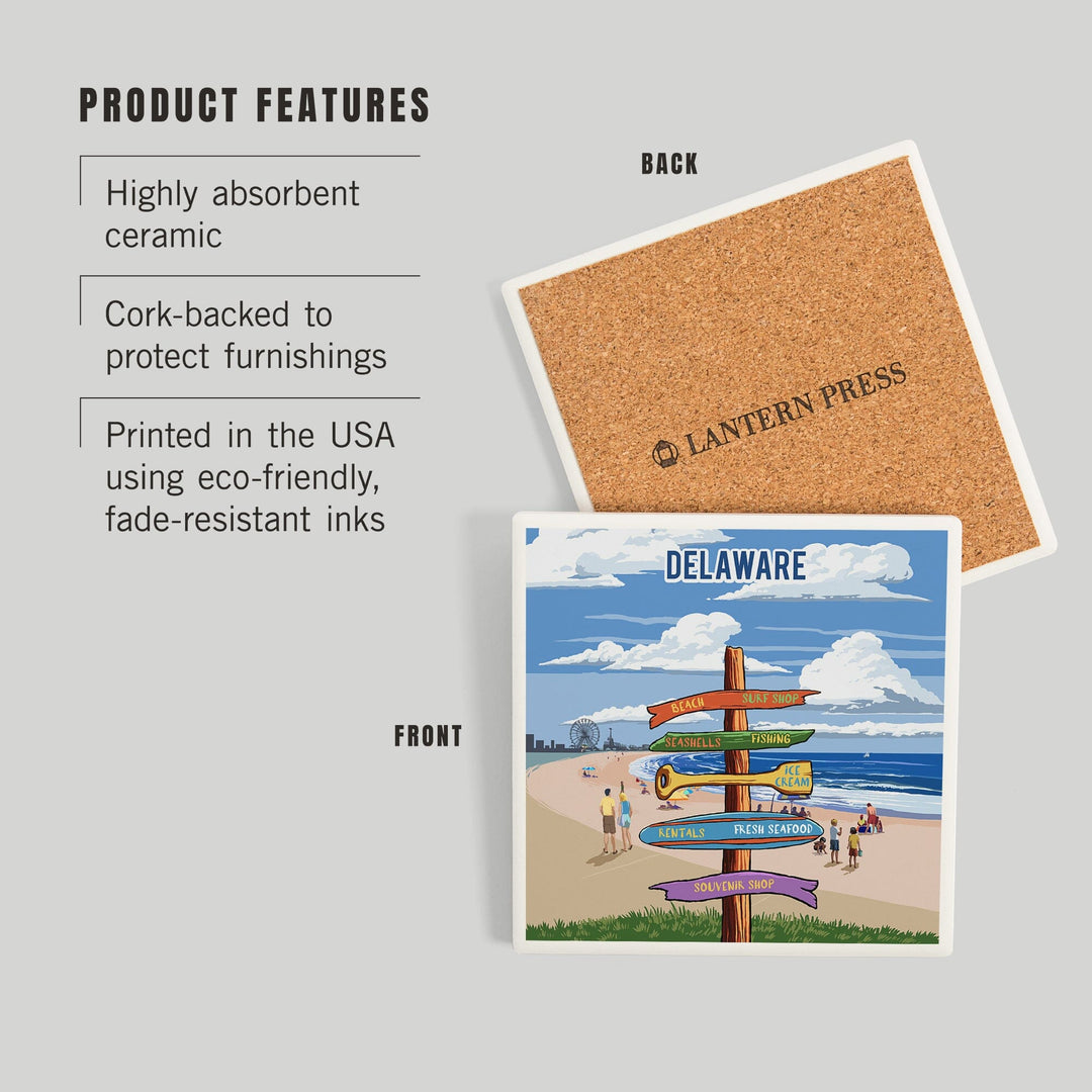 Delaware, Signpost, Coast Beach with Pier, Coasters Coasters Lantern Press 