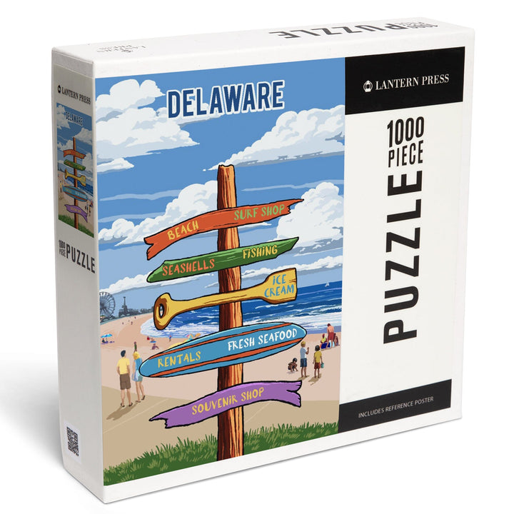 Delaware, Signpost, Coast Beach with Pier, Jigsaw Puzzle Puzzle Lantern Press 