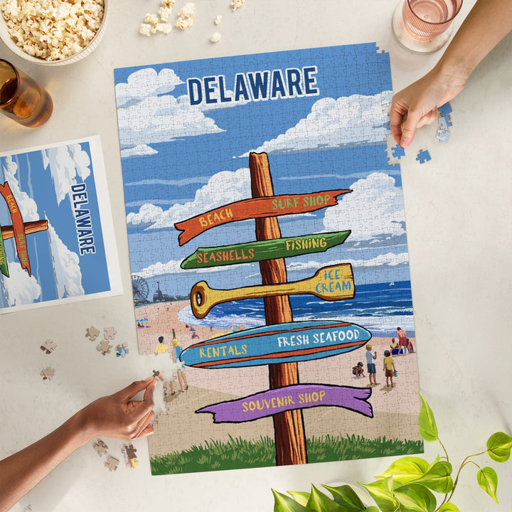 Delaware, Signpost, Coast Beach with Pier, Jigsaw Puzzle Puzzle Lantern Press 