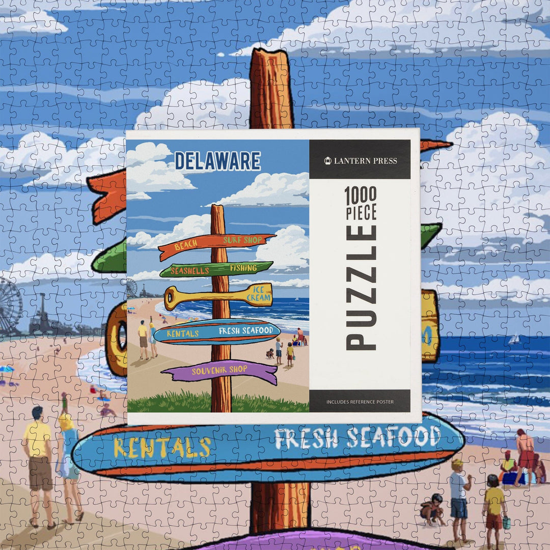 Delaware, Signpost, Coast Beach with Pier, Jigsaw Puzzle Puzzle Lantern Press 