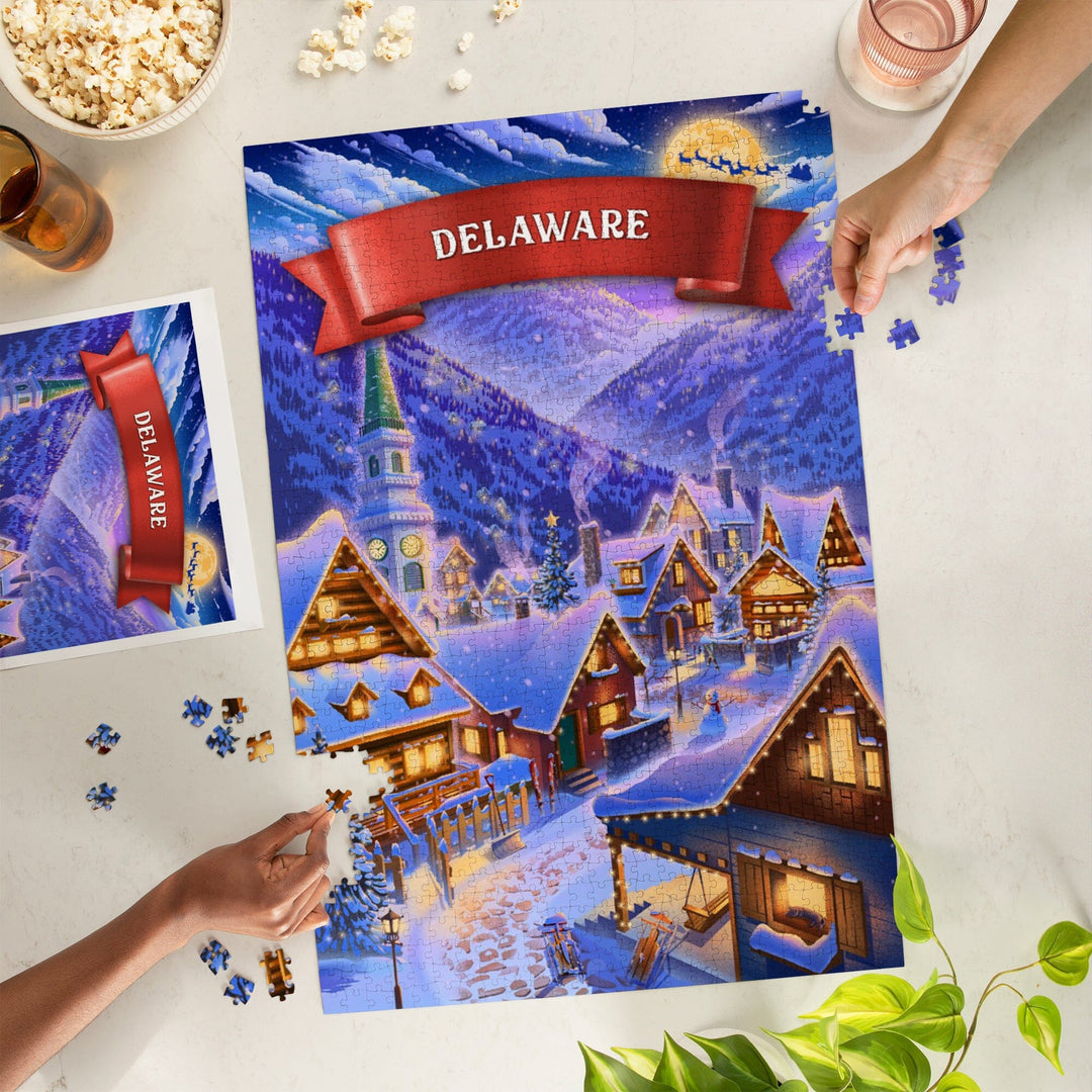 Delaware, Sleepy Winter Village, Jigsaw Puzzle Puzzle Lantern Press 