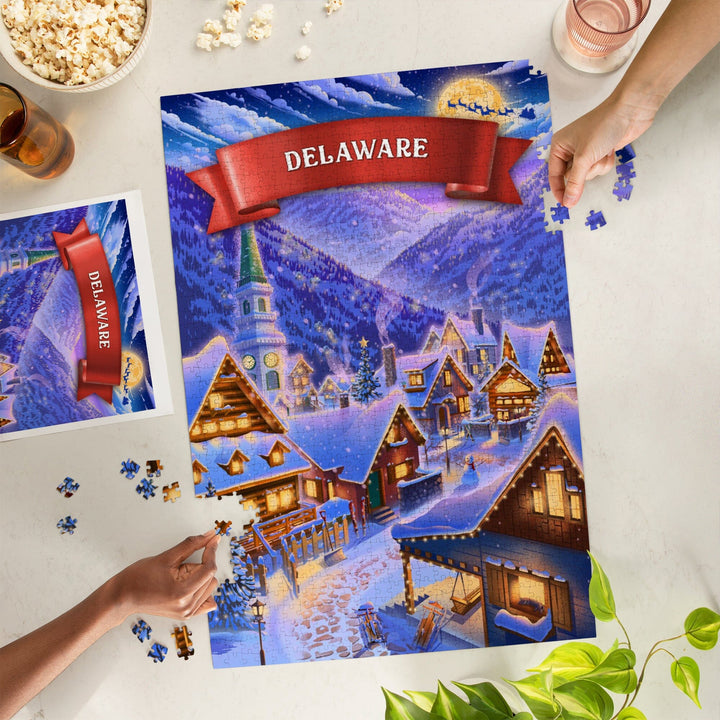 Delaware, Sleepy Winter Village, Jigsaw Puzzle Puzzle Lantern Press 