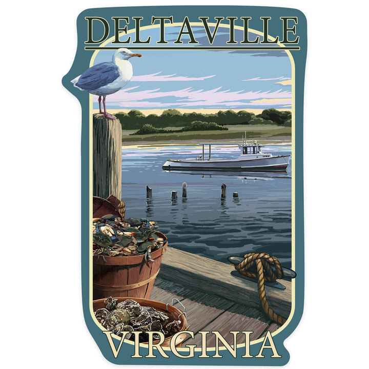 Deltaville, Virginia, Blue Crab and Oysters on Dock, Contour, Vinyl Sticker Sticker Lantern Press 