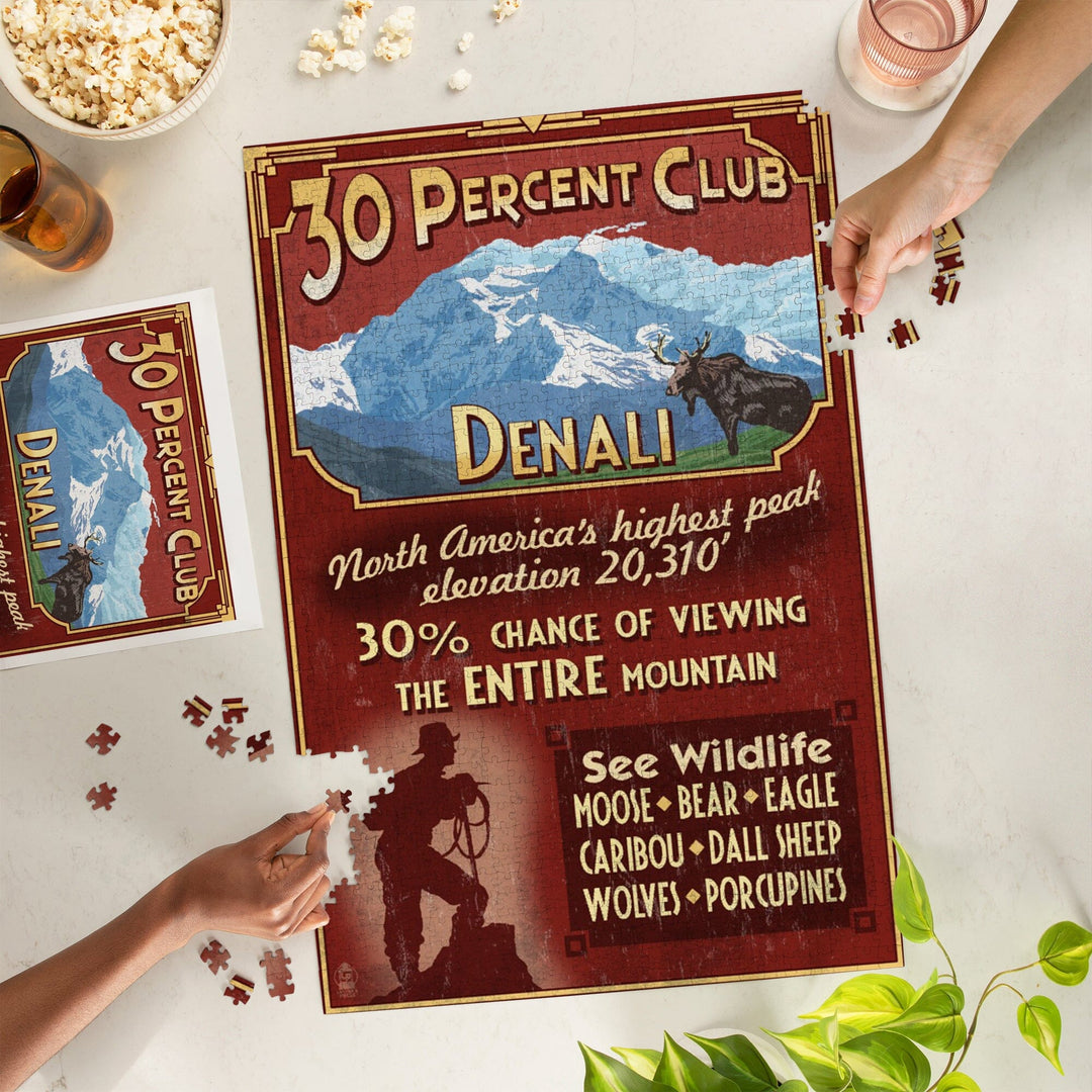 Denali, Alaska, 30% Club Vintage Sign, Jigsaw Puzzle Puzzle Lantern Press 