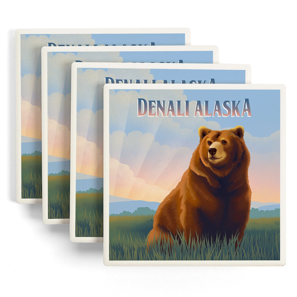 Denali, Alaska, Lithograph Wildlife Series, Grizzly Bear, Coasters Coasters Lantern Press 