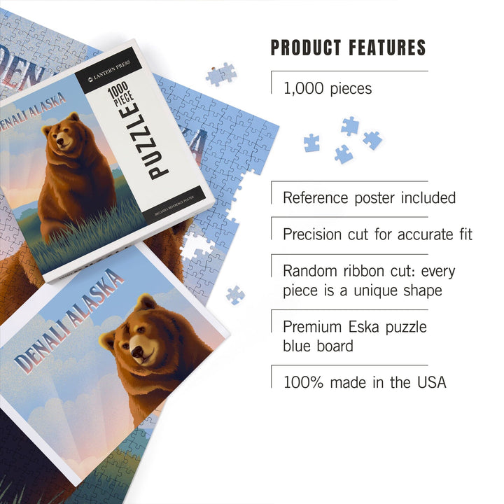 Denali, Alaska, Lithograph Wildlife Series, Grizzly Bear, Jigsaw Puzzle Puzzle Lantern Press 