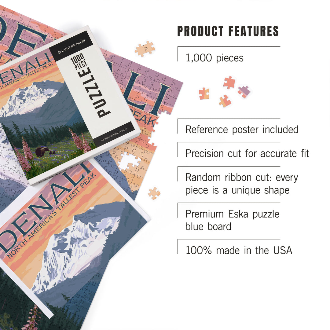 Denali, Alaska, North America's Tallest Peak, Bears and Spring Flowers, Jigsaw Puzzle Puzzle Lantern Press 