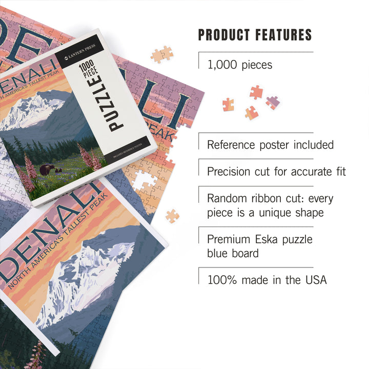 Denali, Alaska, North America's Tallest Peak, Bears and Spring Flowers, Jigsaw Puzzle Puzzle Lantern Press 