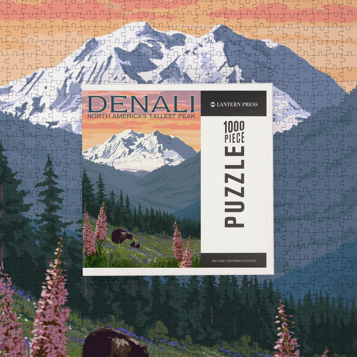 Denali, Alaska, North America's Tallest Peak, Bears and Spring Flowers, Jigsaw Puzzle Puzzle Lantern Press 