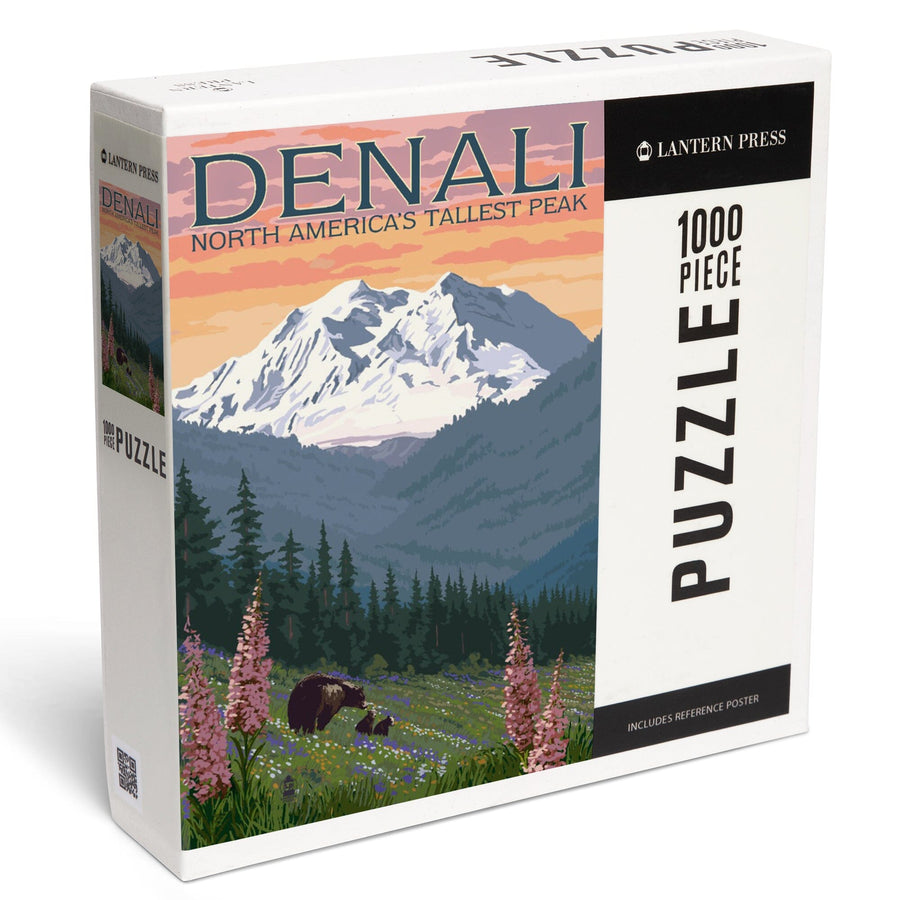 Denali, Alaska, North America's Tallest Peak, Bears and Spring Flowers, Jigsaw Puzzle Puzzle Lantern Press 