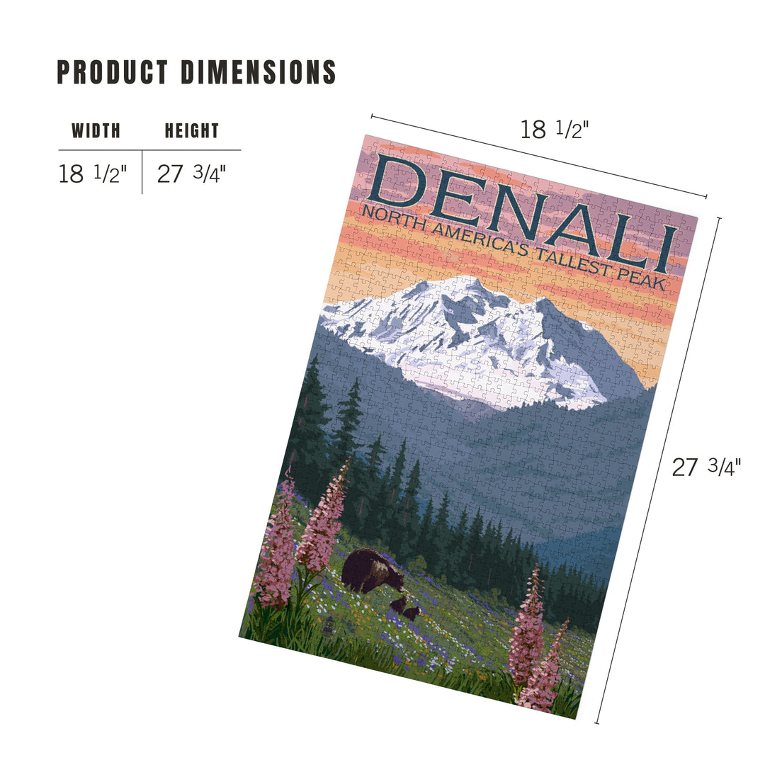 Denali, Alaska, North America's Tallest Peak, Bears and Spring Flowers, Jigsaw Puzzle Puzzle Lantern Press 
