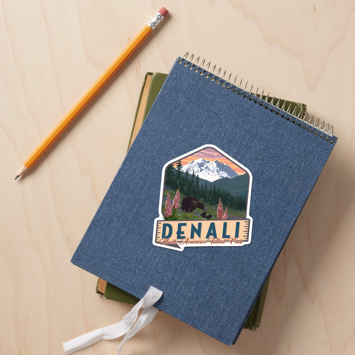 Denali, Alaska, North America's Tallest Peak, Bears & Spring Flowers, Contour, Lantern Press Artwork, Vinyl Sticker Sticker Lantern Press 