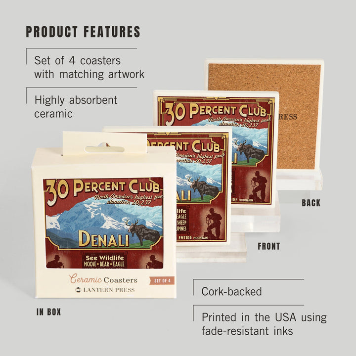 Denali National Park, Alaska, 30% Club Vintage Sign, Coasters Coasters Lantern Press 
