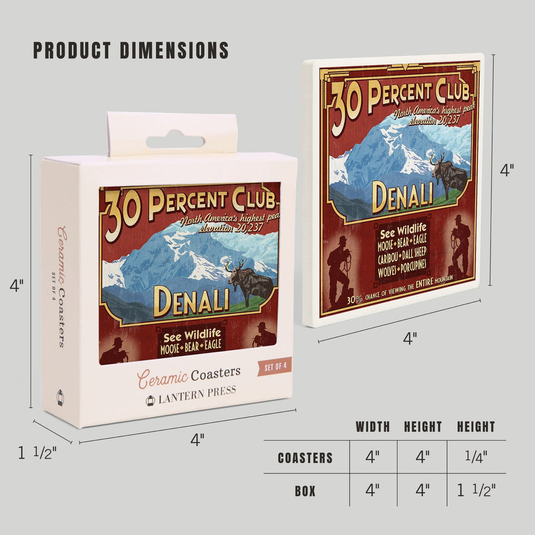 Denali National Park, Alaska, 30% Club Vintage Sign, Coasters Coasters Lantern Press 