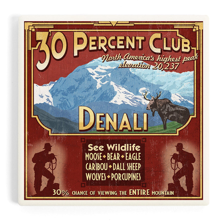 Denali National Park, Alaska, 30% Club Vintage Sign, Coasters Coasters Lantern Press 