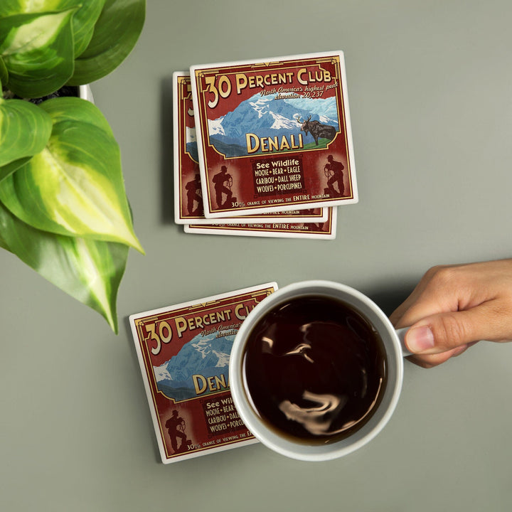 Denali National Park, Alaska, 30% Club Vintage Sign, Coasters Coasters Lantern Press 