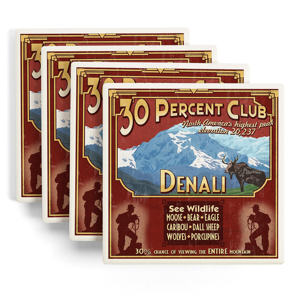 Denali National Park, Alaska, 30% Club Vintage Sign, Coasters Coasters Lantern Press 