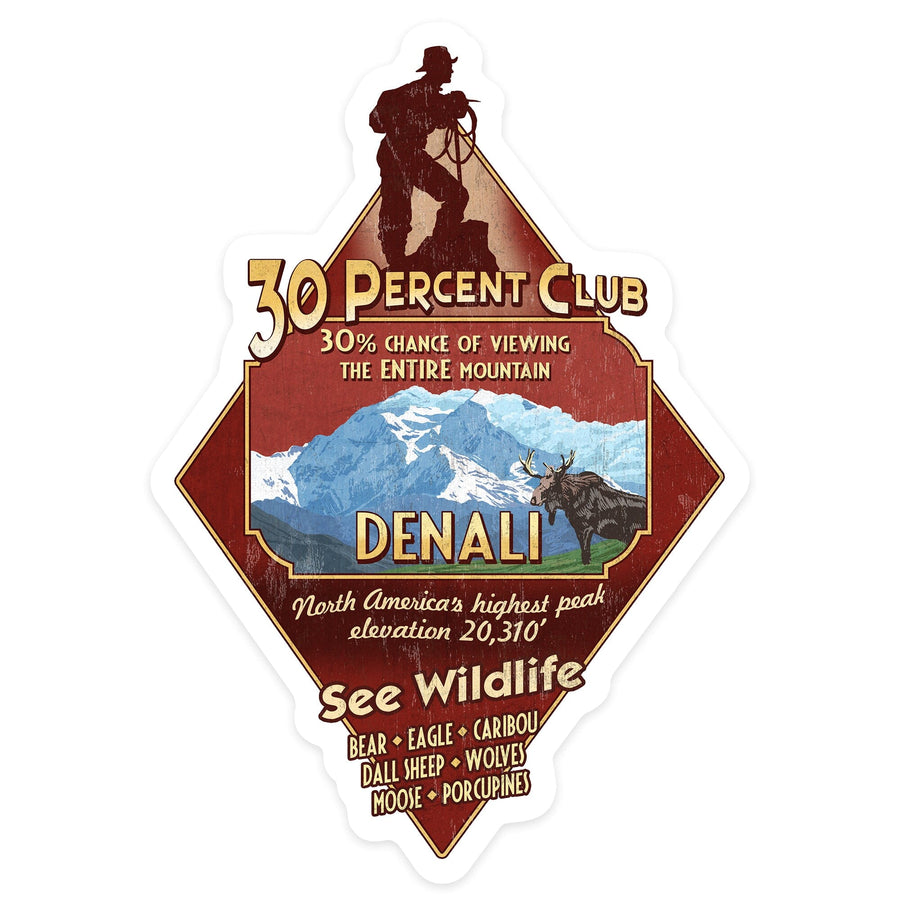 Denali National Park, Alaska, 30% Club Vintage Sign, Contour, Lantern Press Artwork, Vinyl Sticker Sticker Lantern Press 