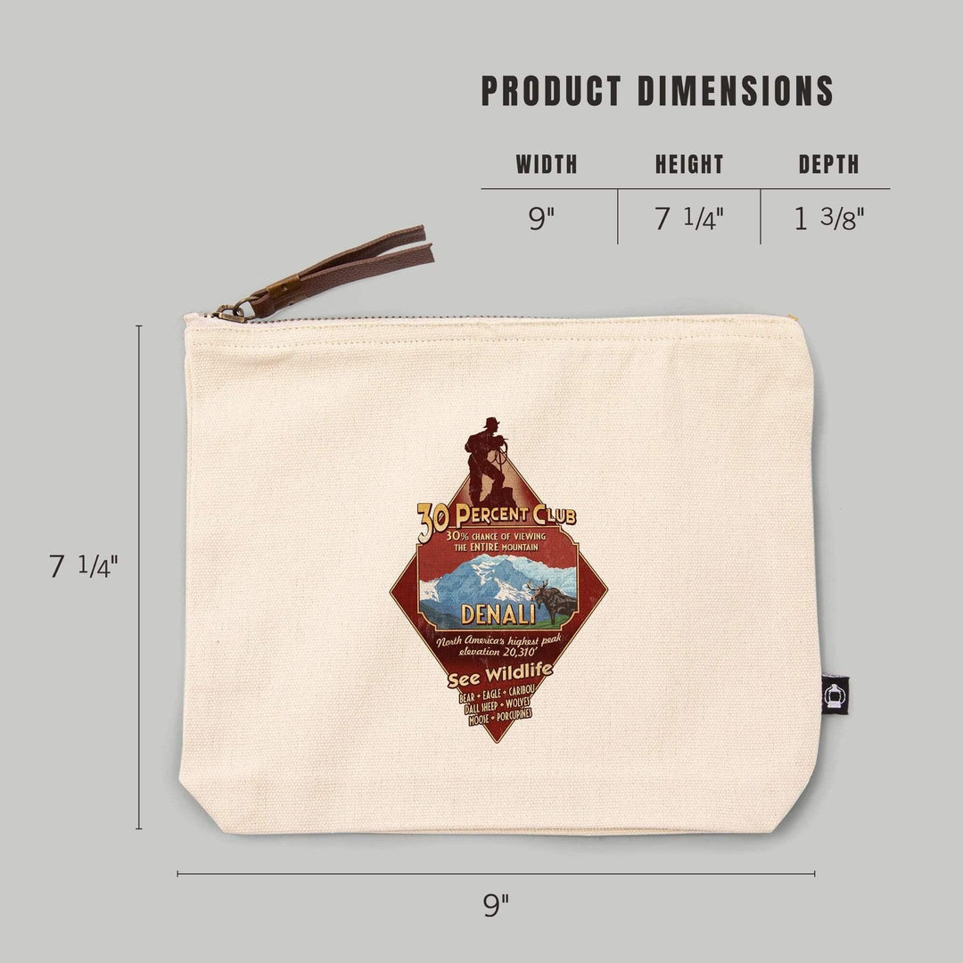 Denali National Park, Alaska, 30% Club Vintage Sign, Organic Cotton Zipper Pouch, Go Bag Go Bag Lantern Press 