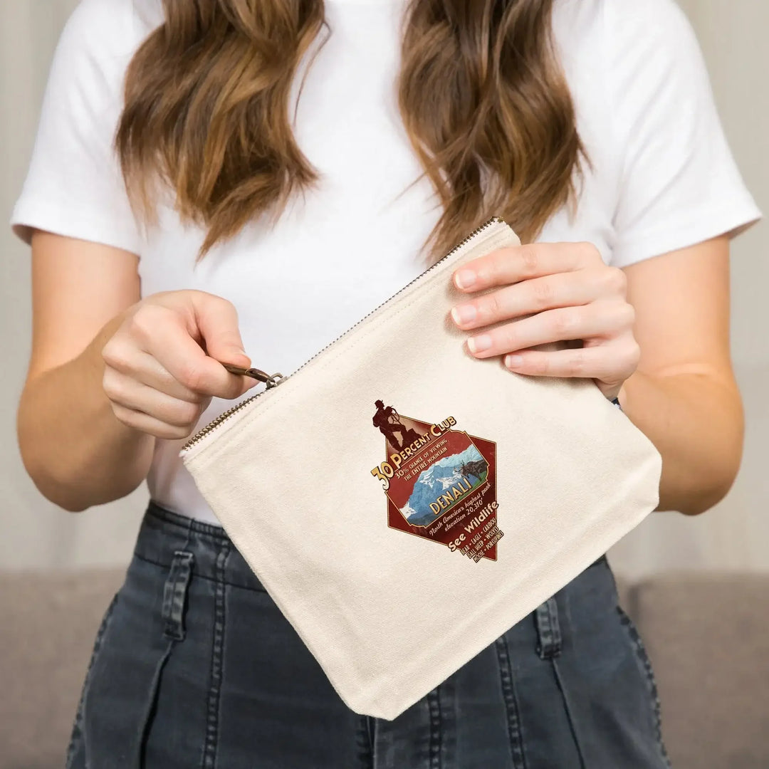Denali National Park, Alaska, 30% Club Vintage Sign, Organic Cotton Zipper Pouch, Go Bag Go Bag Lantern Press 