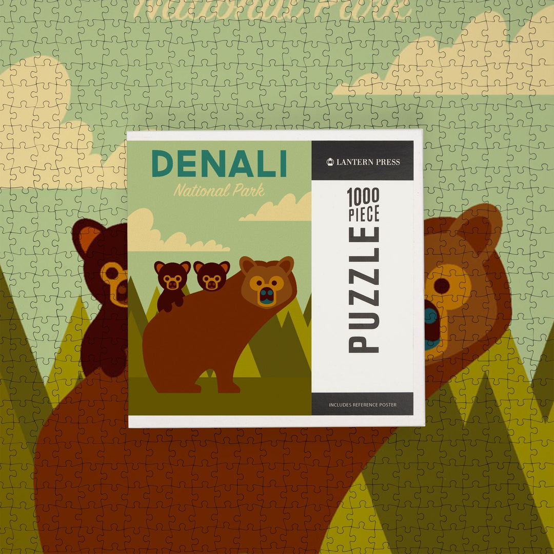 Denali National Park, Alaska, Bear and Cubs, Geometric, Jigsaw Puzzle Puzzle Lantern Press 