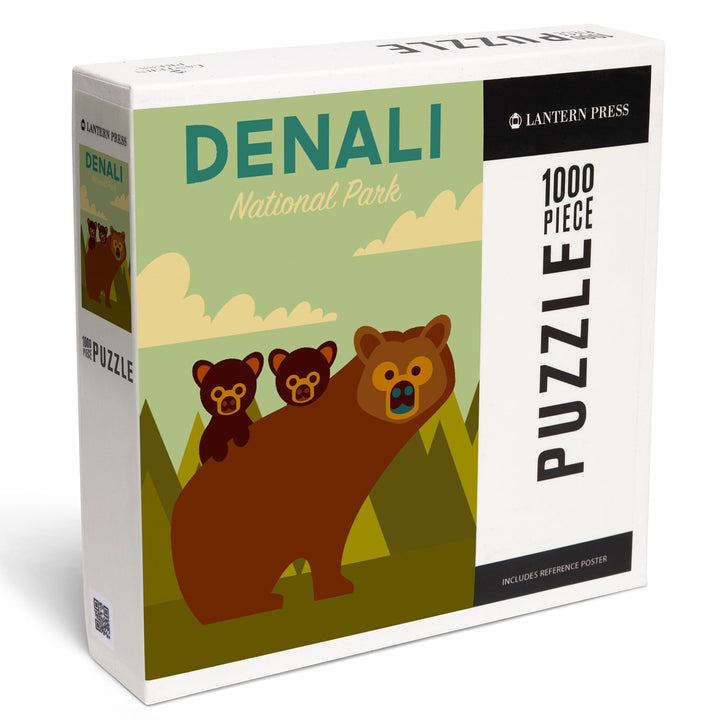 Denali National Park, Alaska, Bear and Cubs, Geometric, Jigsaw Puzzle Puzzle Lantern Press 