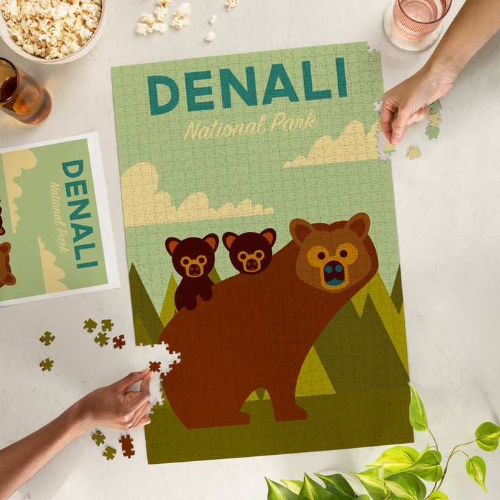 Denali National Park, Alaska, Bear and Cubs, Geometric, Jigsaw Puzzle Puzzle Lantern Press 