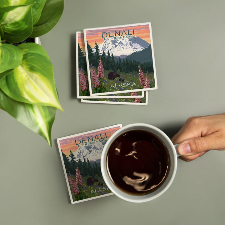 Denali National Park, Alaska, Bear and Cubs with Flowers, Coasters Coasters Lantern Press 