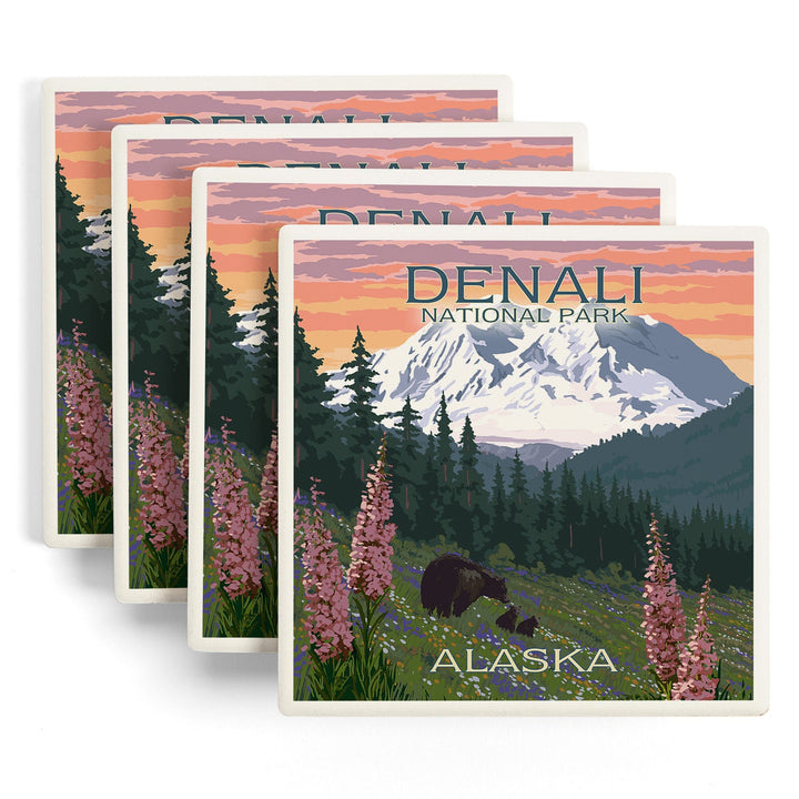 Denali National Park, Alaska, Bear and Cubs with Flowers, Coasters Coasters Lantern Press 