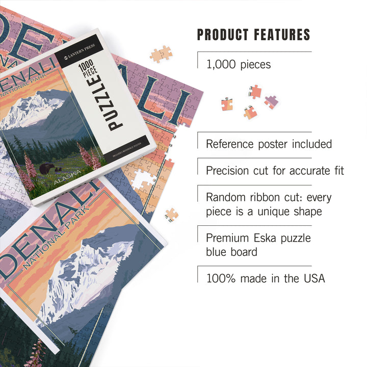 Denali National Park, Alaska, Bear and Cubs with Flowers, Jigsaw Puzzle Puzzle Lantern Press 
