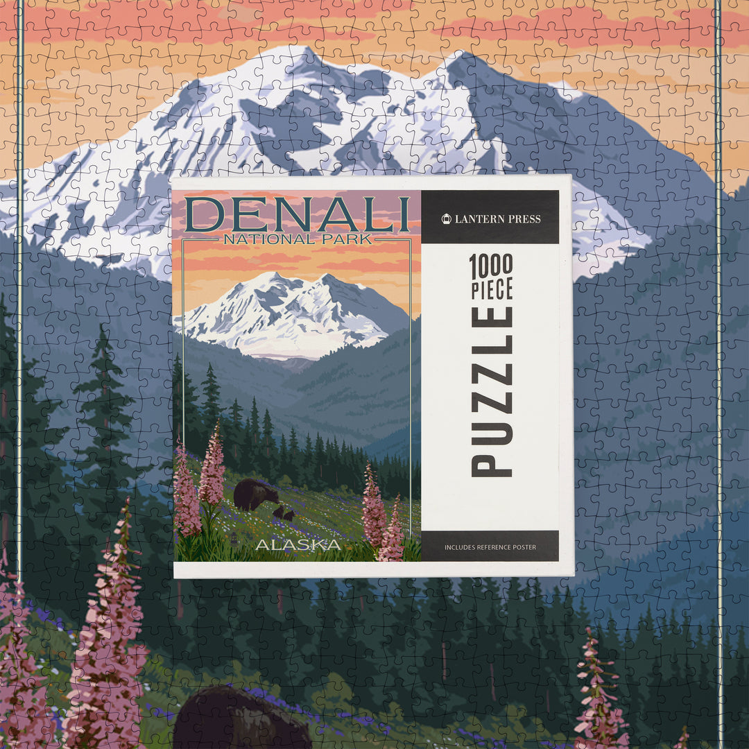 Denali National Park, Alaska, Bear and Cubs with Flowers, Jigsaw Puzzle Puzzle Lantern Press 