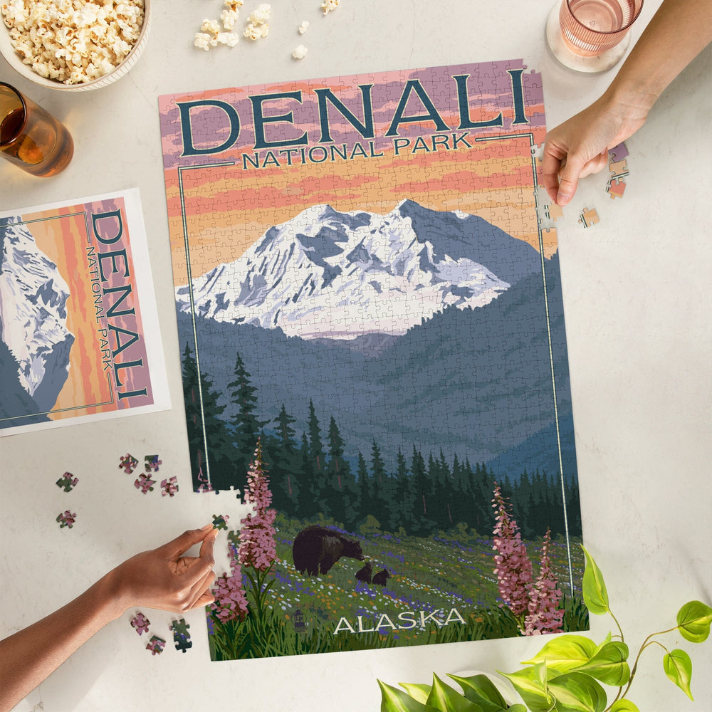 Denali National Park, Alaska, Bear and Cubs with Flowers, Jigsaw Puzzle Puzzle Lantern Press 