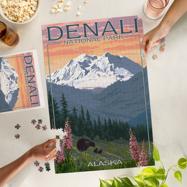 Denali National Park, Alaska, Bear and Cubs with Flowers, Jigsaw Puzzle - Lantern Press