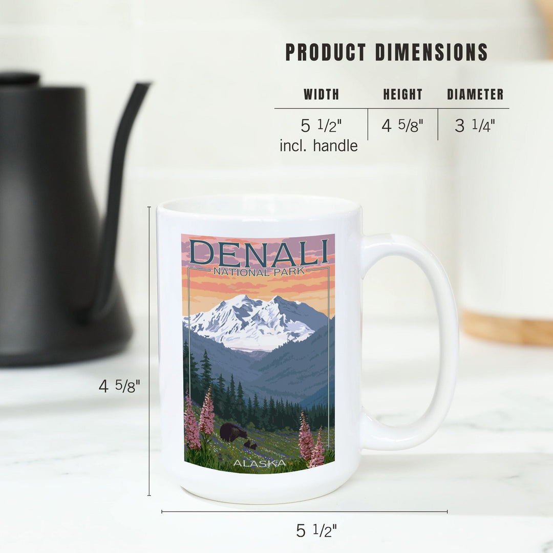 Denali National Park, Alaska, Bear and Cubs with Flowers, Lantern Press Artwork, Ceramic Mug Mugs Lantern Press 