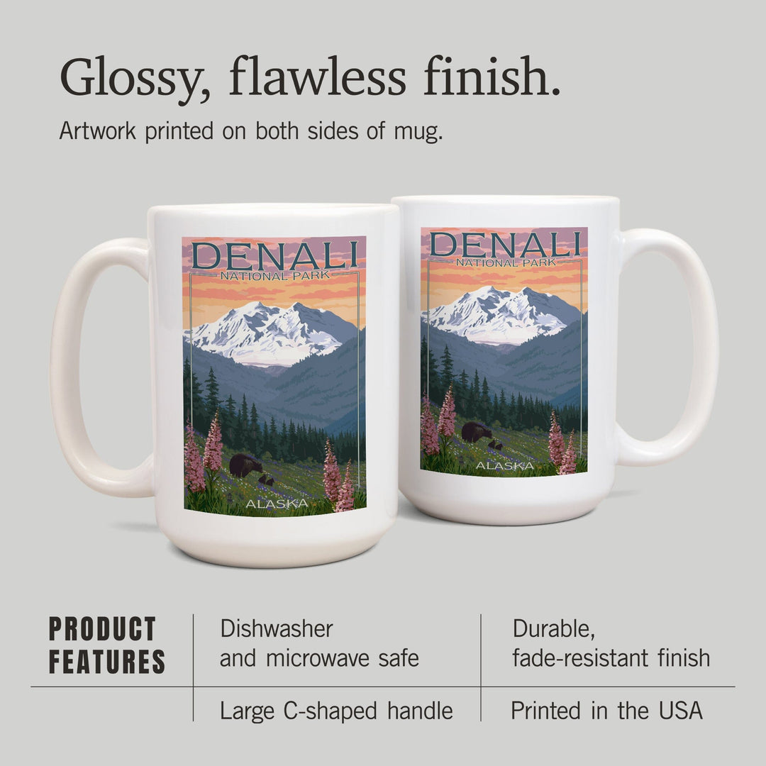 Denali National Park, Alaska, Bear and Cubs with Flowers, Lantern Press Artwork, Ceramic Mug Mugs Lantern Press 