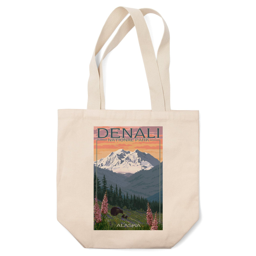 Denali National Park, Alaska, Bear and Cubs with Flowers, Lantern Press Artwork, Tote Bag Totes Lantern Press 