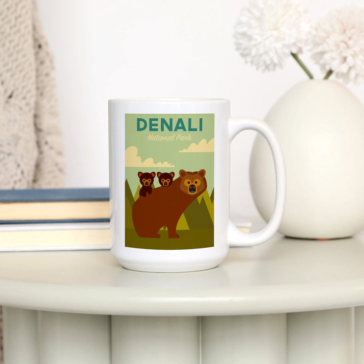 Denali National Park, Alaska, Bear & Cubs, Geometric, Lantern Press Artwork, Ceramic Mug Mugs Lantern Press 