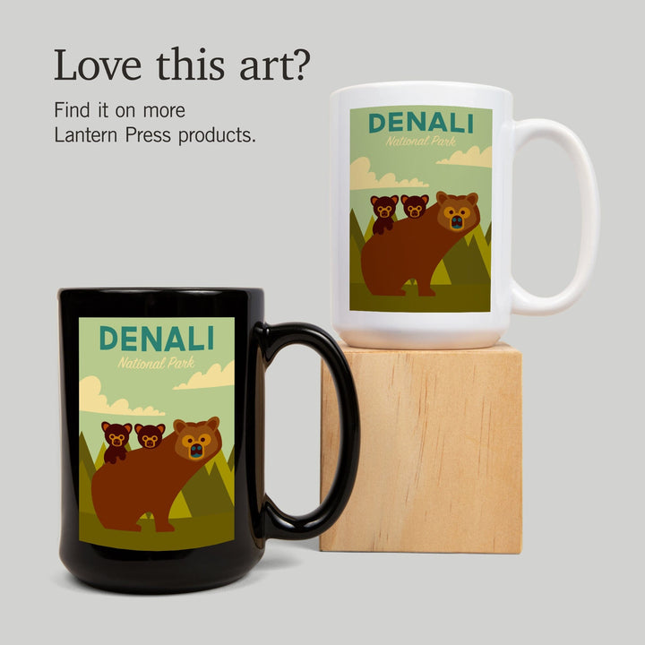 Denali National Park, Alaska, Bear & Cubs, Geometric, Lantern Press Artwork, Ceramic Mug Mugs Lantern Press 