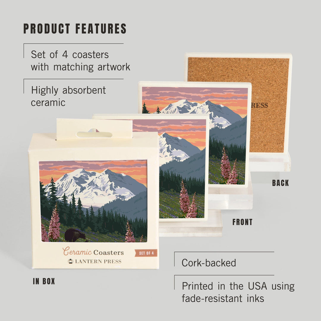 Denali National Park, Alaska, Bears and Spring Flowers, Coasters Coasters Lantern Press 