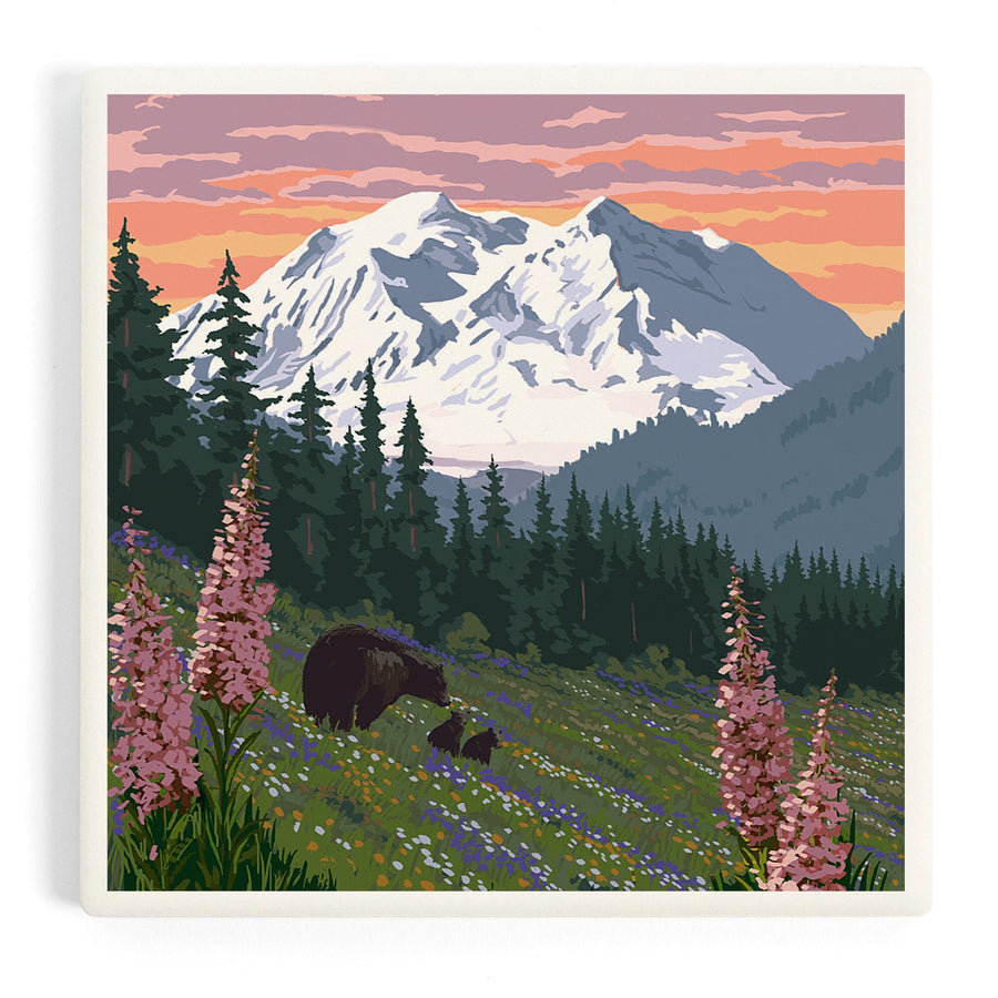 Denali National Park, Alaska, Bears and Spring Flowers, Coasters Coasters Lantern Press 