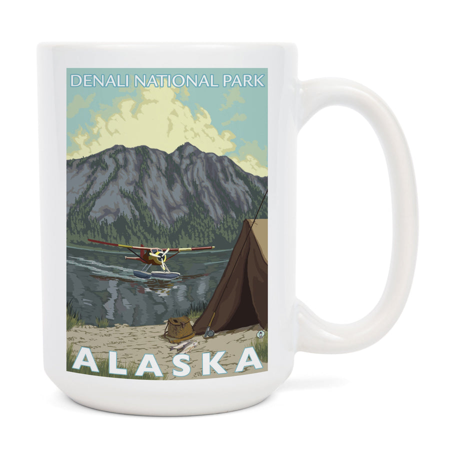 Denali National Park, Alaska, Bush Plane & Fishing, Lantern Press Artwork, Ceramic Mug Mugs Lantern Press 