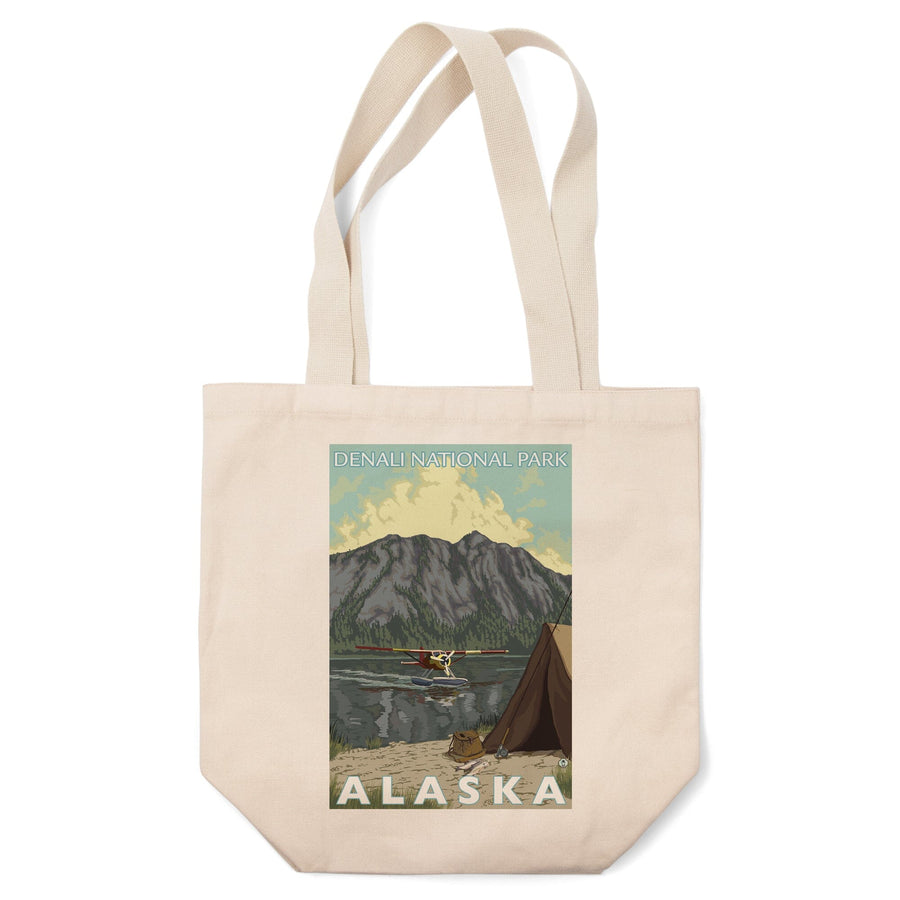 Denali National Park, Alaska, Bush Plane & Fishing, Lantern Press Artwork, Tote Bag Totes Lantern Press 