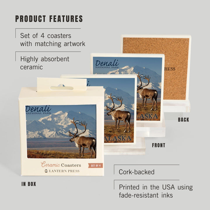 Denali National Park, Alaska, Caribou and Denali, Coasters Coasters Lantern Press 