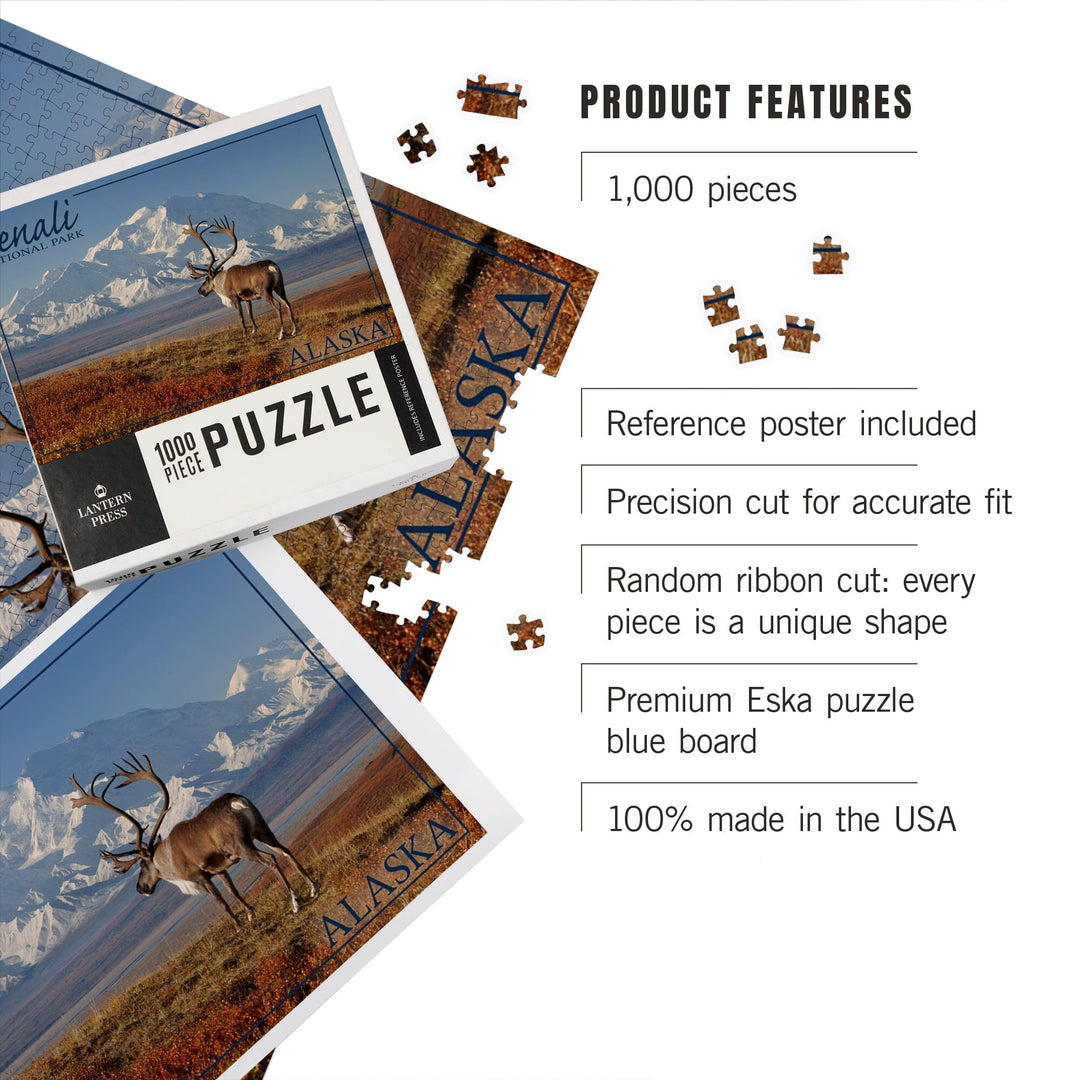 Denali National Park, Alaska, Caribou and Denali, Jigsaw Puzzle Puzzle Lantern Press 