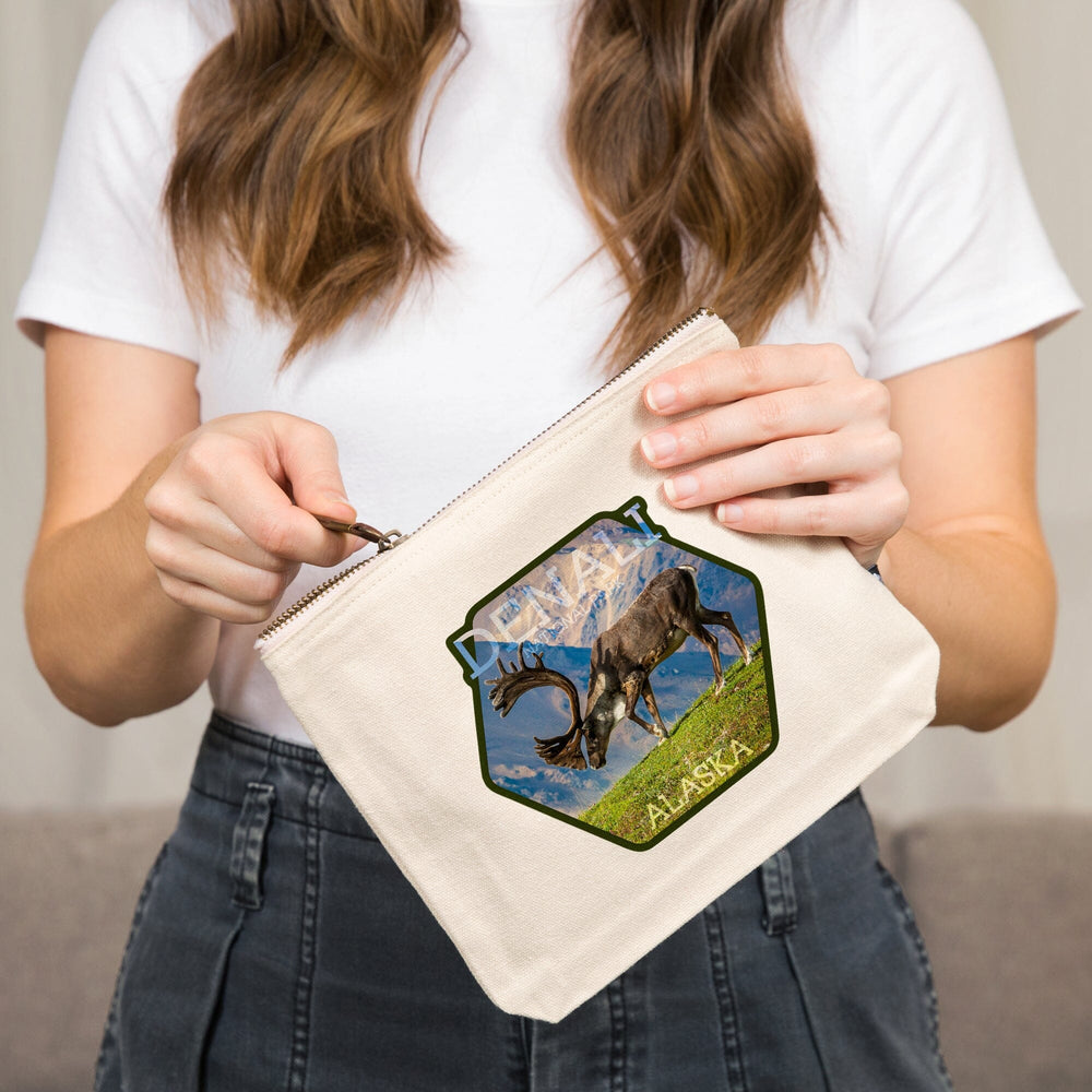 Denali National Park, Alaska, Caribou Bull,, Organic Cotton Zipper Pouch, Go Bag Go Bag Lantern Press 